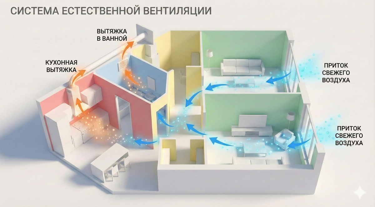 Схема естественной вентиляции в квартире: приток через окна, вытяжка через кухню и санузел